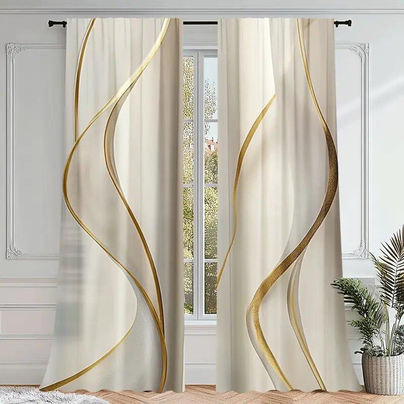 2pcs -Golden S-shaped Lines Print Curtains, Pole Bag Curtains, Home Decoration, Room Decoration