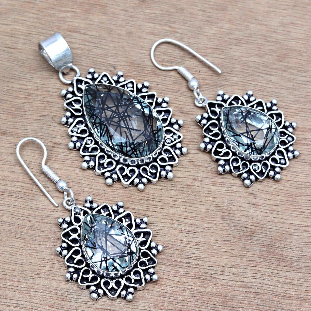 Rutile  Golden Set Earring Jewelry 18-20'' Pendant Quartz Sterling