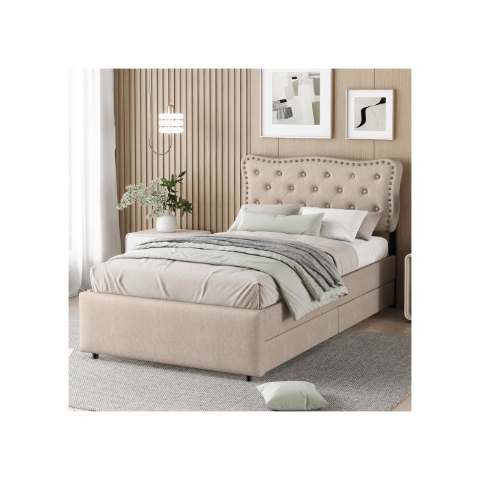 Lit 90x200 Cm - MUVOE - Rembourré - Beige Foncé - Tiroirs De Rangement - Design Élégant