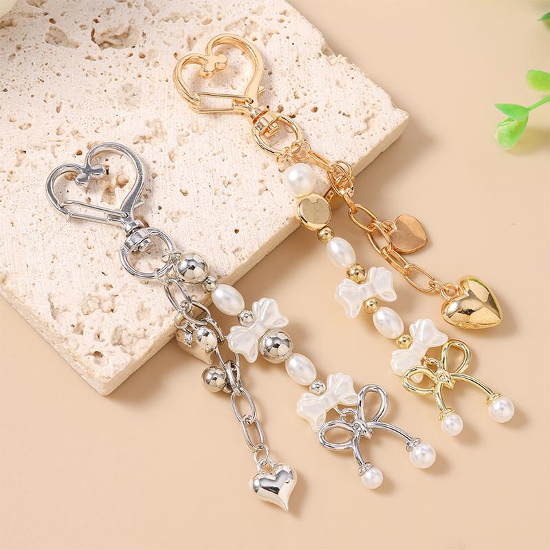 Cute Bowknot Love Heart Keychain Pearl Key Ring Pendants For Women Girls Handbag Decor Diy Handmade Key Chain Gifts