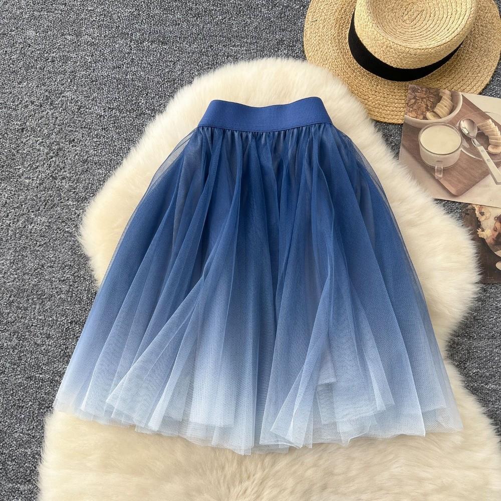 Qooth Elegant Gradient Color Tulle A Line Mini Pleated Skirt Tiered Elastic Waist Women Skirt QT2626