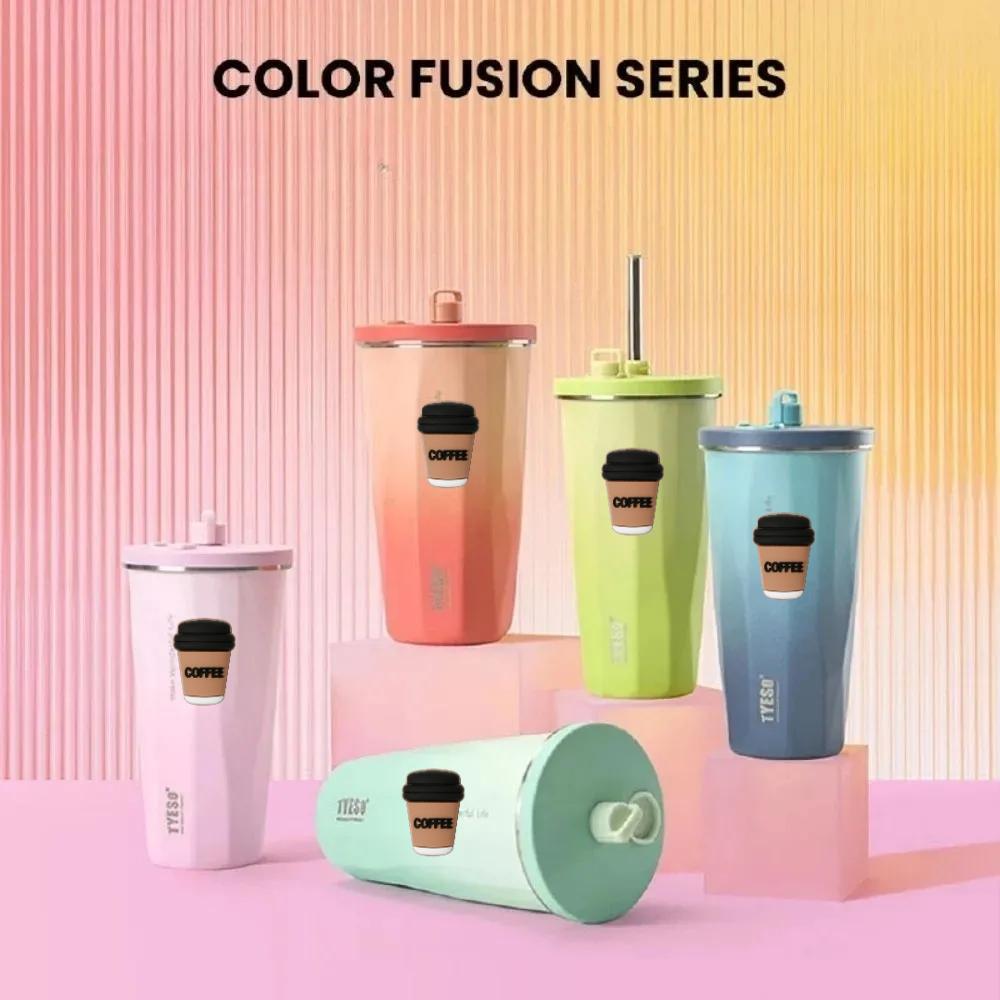 Tyeso 600ML Stainless Steel Coffee Cup With Straw Gradient Color Insulated Water Bottle Car Thermos Mug Cold Drink Vacuum Cup with Coffee Sticker