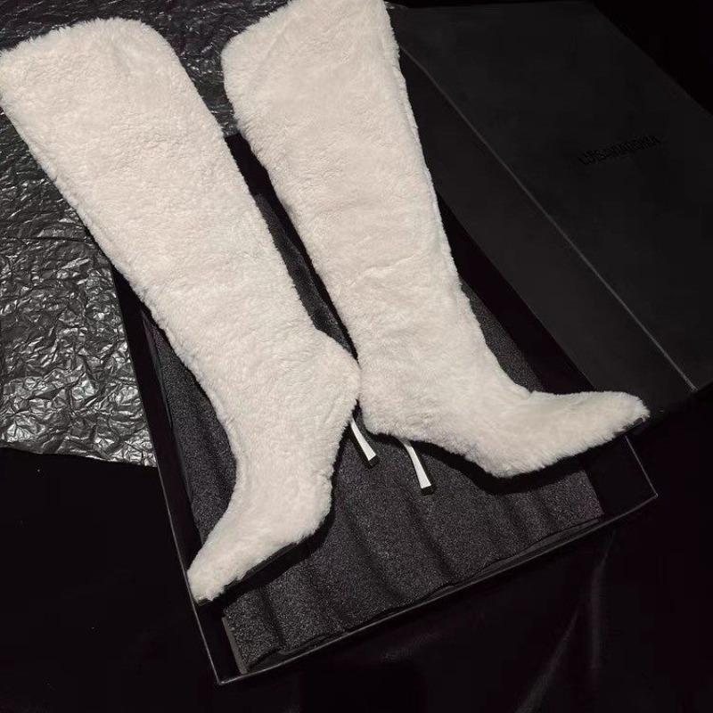 Luxury Faux Lambswool Winter Long Boots Women Pointed Toe Wedge Knee High Boots Woman Plus Size Fashion Plush Shark Botas Mujer