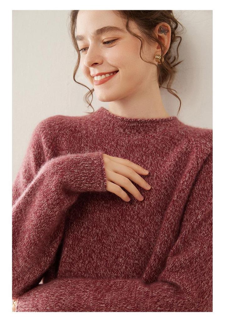 Women's Thickened Cashmere Sweater: Half-High Collar, Raglan Sleeve, Marled Yarn, Rolled Hem, Warm Long Sleeve Base Layer.