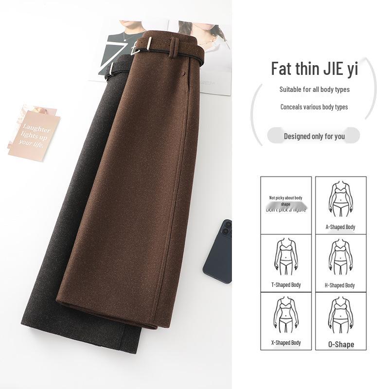 Elegant Woolen Coffee Midi Skirt - Women's Autumn/Winter 2025, Thickened Professional Design, Versatile Style
