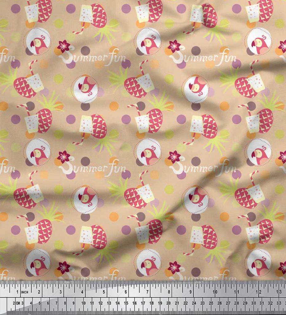 Soimoi Japan Crepe Satin Fabric Dot,Parrot & PineJuice Summer Designs Fabric Prints By Metre 42 Inch