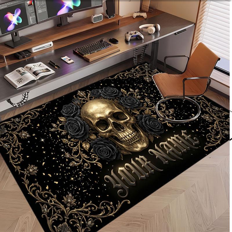 Totenkopf Gothic Thema Weicher Kristall-Samt Teppich Benutzerdefinierter Name & Text Druck Rutschfester Boden Teppich für Schlafzimmer Wohnzimmer