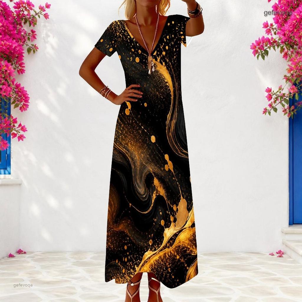 Women Plus Size V Neck Short Sleeve Rainbow Tie Dye Printed Long Dress