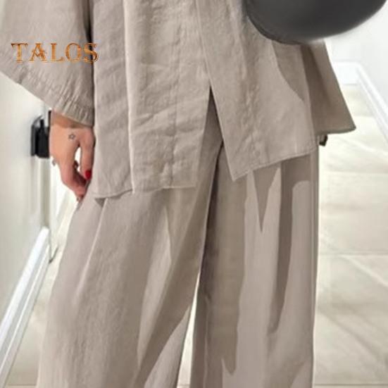 Conjunto holgado de dos piezas para mujer Camisas de manga larga con cuello en V y un botón Conjunto de pantalones de cintura alta Conjunto casual para estar en casa
