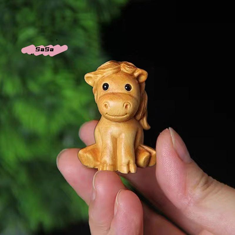 S-1/2pcs Mini Wood Carving Chinese New Year Horse Ornaments Zodiac Statue Cute Horse Decor Office Desktop Decor Car Decoration