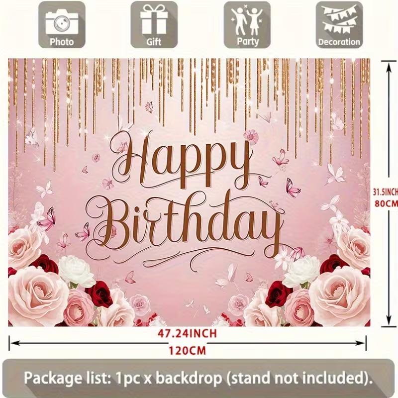 2D Romantic Pink Floral Birthday Backdrop Girls' & Adult Celebration Photo Background