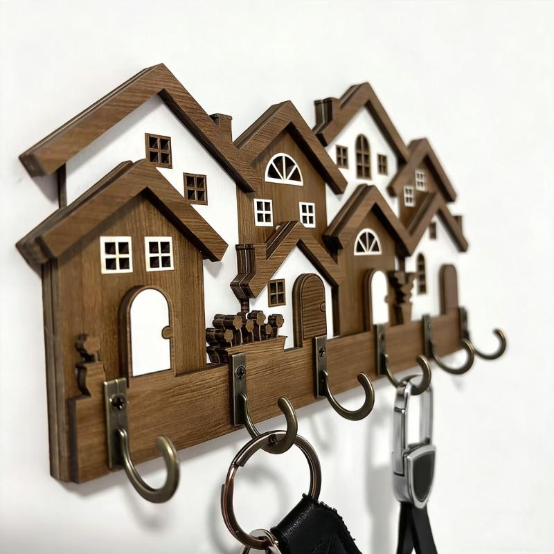 Retro Inspires Wood Key Holder With 3D House Shape Decorative Wooden Hanger For Keys And Small Items