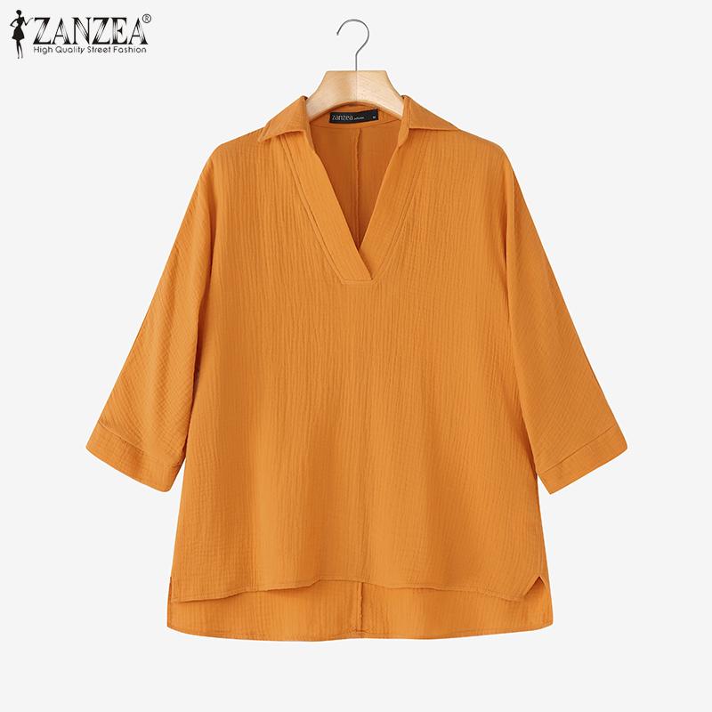 ZANZEA Women Classic Collar Loose 3/4 Sleeve Solid Blouse
