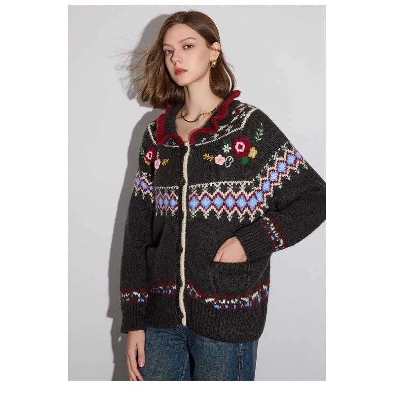 DIMANAF 2025 Sweaters Cardigan Flowers Autumn Pockets Women Print V-Neck Sweaters Knitting Loose Sweater