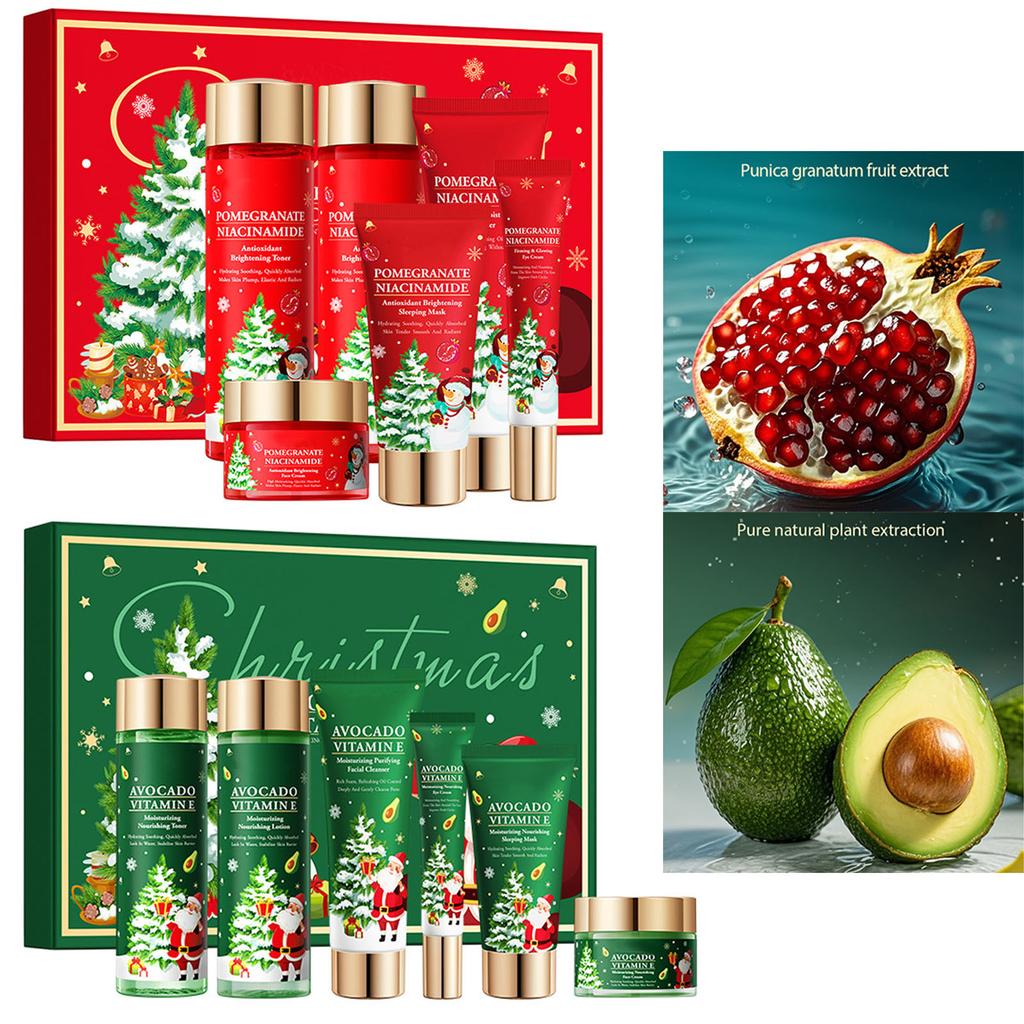 Weihnachtsgeschenkbox-Set Feuchtigkeitsspendende Nährende Lotion Hydratisierendes Gesichtswasser Beruhigende Schlafmaske Sanfter Gesichtsreiniger Revitalisierende Augencreme Ric