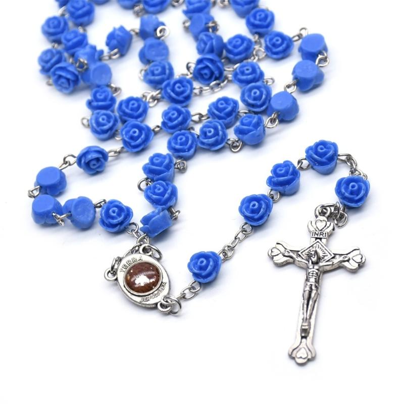 Einzigartige katholische Rosenblumen-Perlen Kreuze Anhänger Rosenkranz Halskette Gebetskette für religiöse Zeremonien und zum Verschenken