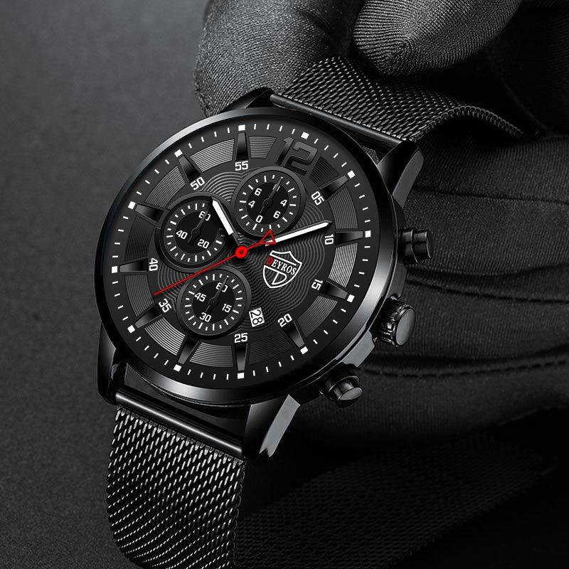 Fashion Business Men's Stainless Steel Mesh Strap Quartz Watch Fake Three Eyes With Date Watch