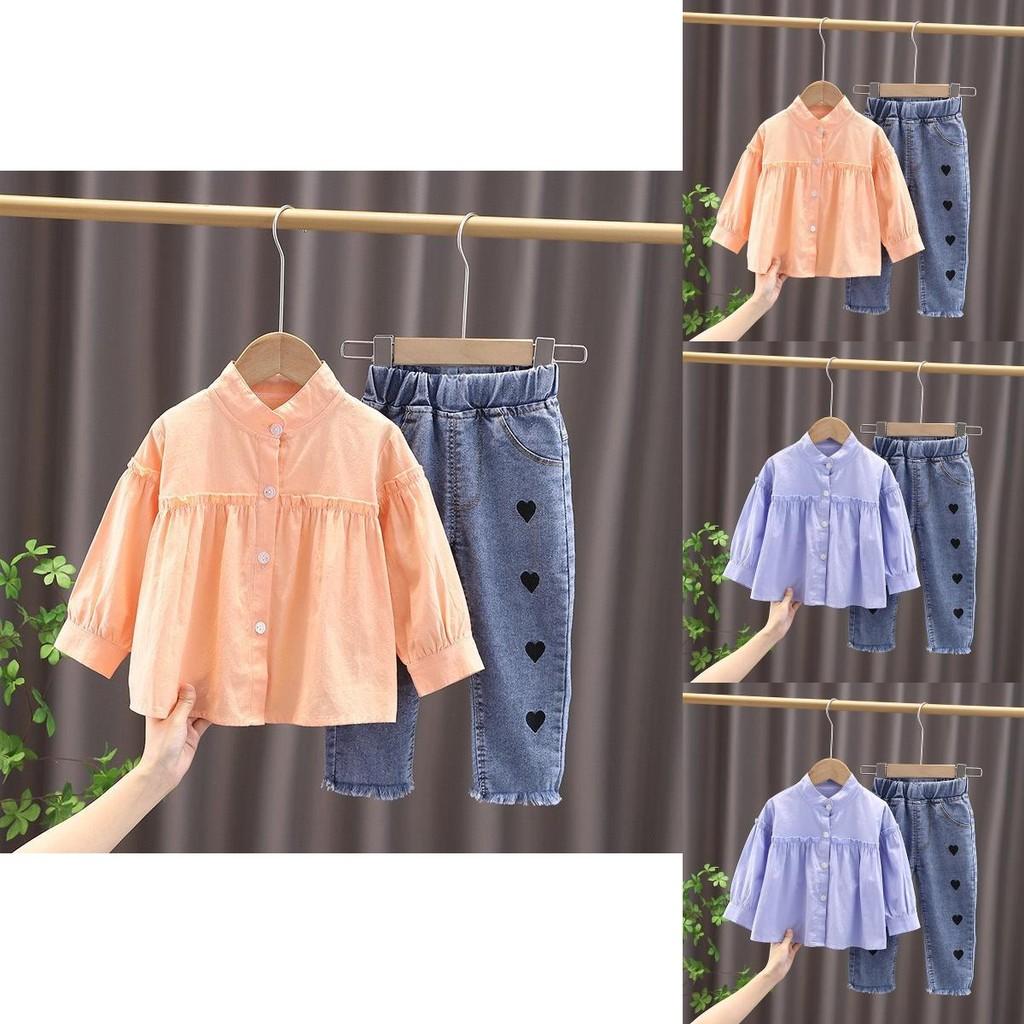 Trendy Girls Autumn Outfit Set 2023 Korean Style Long Sleeve Shirt And Denim Pants