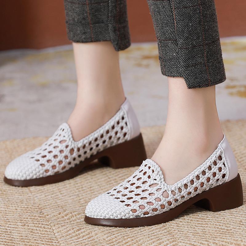 2025 Summer Hollow Woven Breathable Shoes Women Sandals Big Size Thick Heels Genuine Leather Shoes Summer Casual Sandals