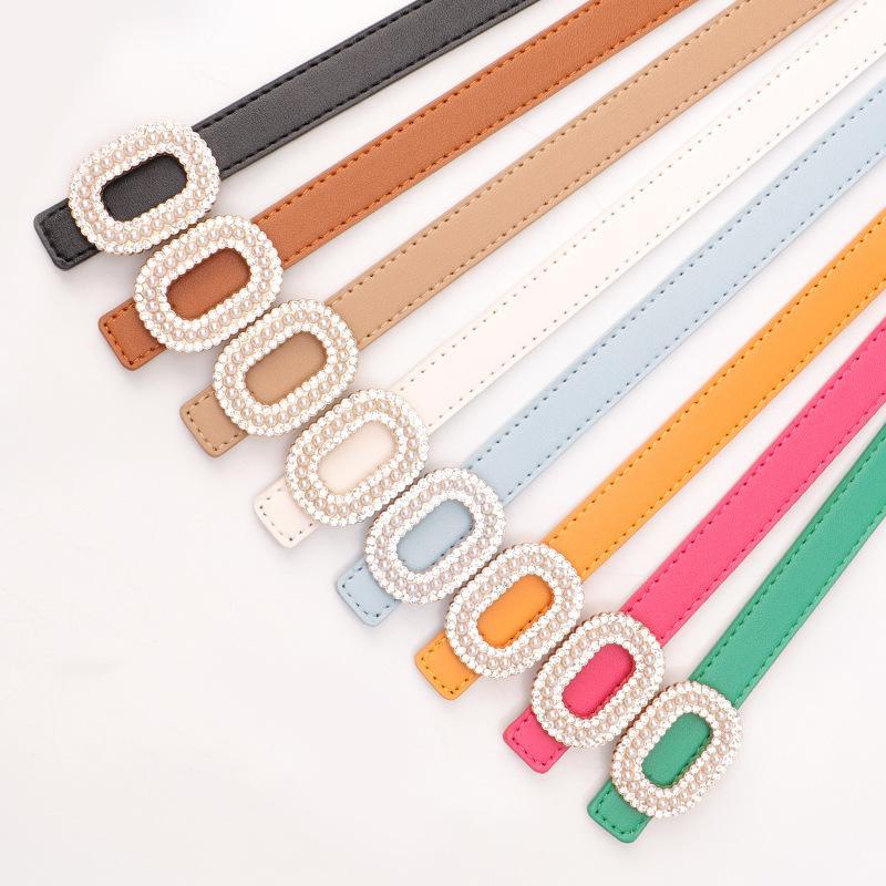 Women's PU Leather Belt Shiny Rhinestone Pearl Buckle Lightweight Waist Accessory for Jeans Daily Casual Wear