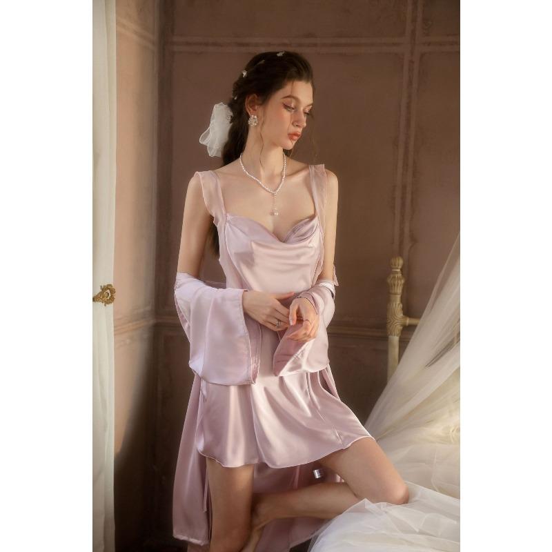 Sexy pajamas women Ice Ribbon chest pad Ruth with the same new mesh suspender nightgown nightgown outside