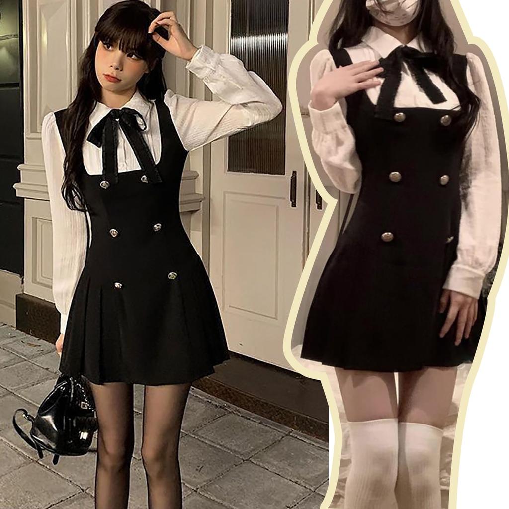 LAVASEON Korean Style Docking Mini Bow Tie Long or Short Schoolgirl Cute High Elegant Women's Dress, Dress, Detail, Sleeve, Style, Ruffles, Waist,