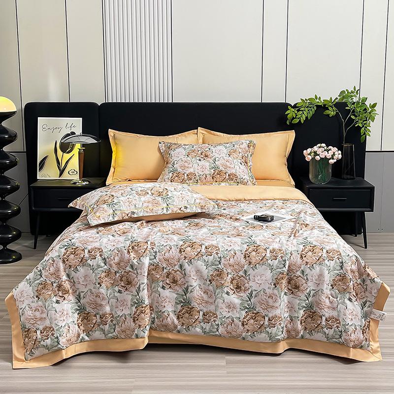 Floral Ice Silk Summer Quilt Cool Air Conditioner Washed Quilt Single Dormitory Thin Blanket King Size Luxury Bedding