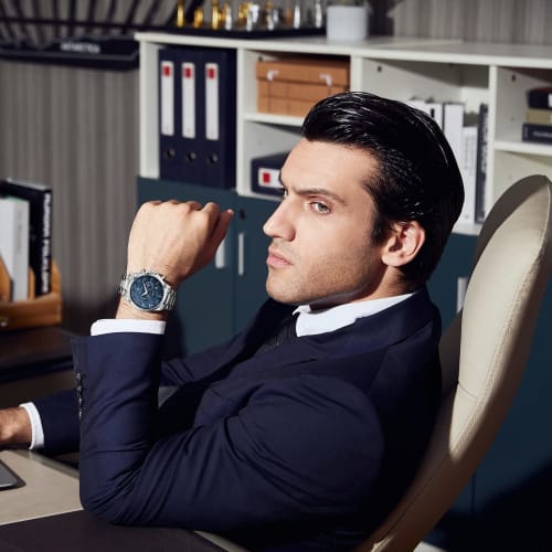 BENYAR Men's Multi-Calendar Chronograph Watch with Leather Strap, Water-Resistant and Scratch-Resistant Silver-Blue Finish, Perfect for Business and F