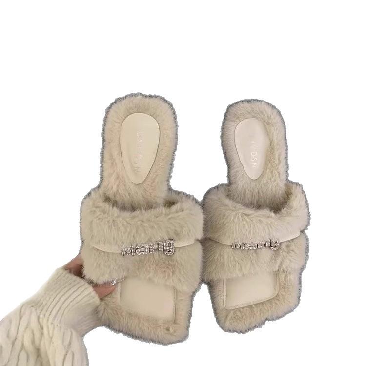 Mao Mao slippers women's autumn and winter wear 2025 new French temperament rhinestone Mao Mao shoes thick heel high heels