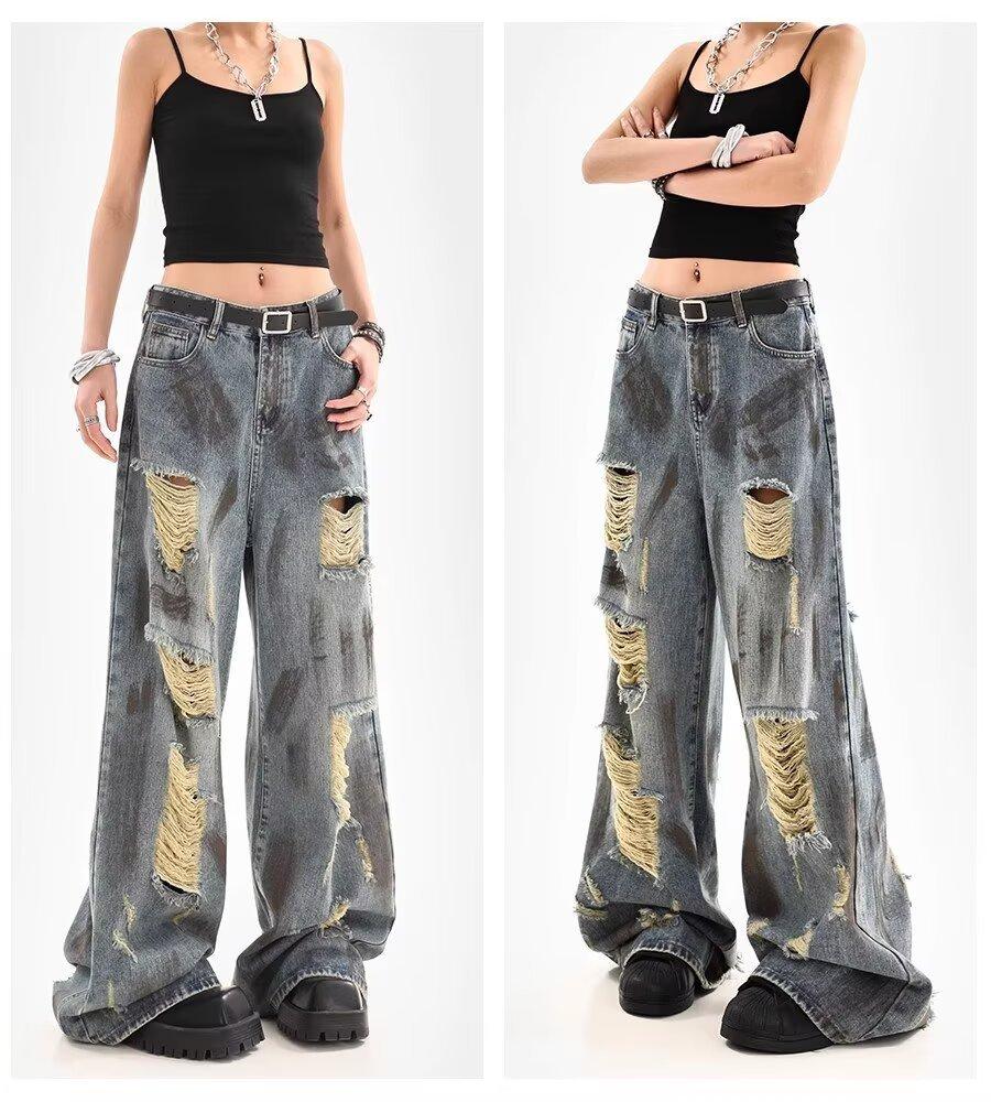 Summer thin retro old graffiti ripped jeans men and women design sense loose dirty wide leg pants trousers tide