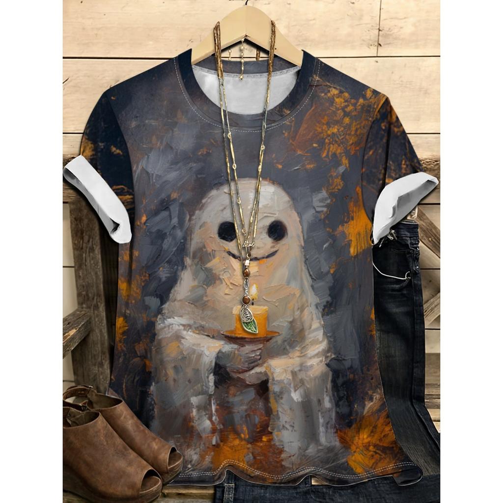 Summer Round Neck 3D Halloween Themed Pattern Print Top Fashionable Casual Short Sleeved Women's T-shirts
