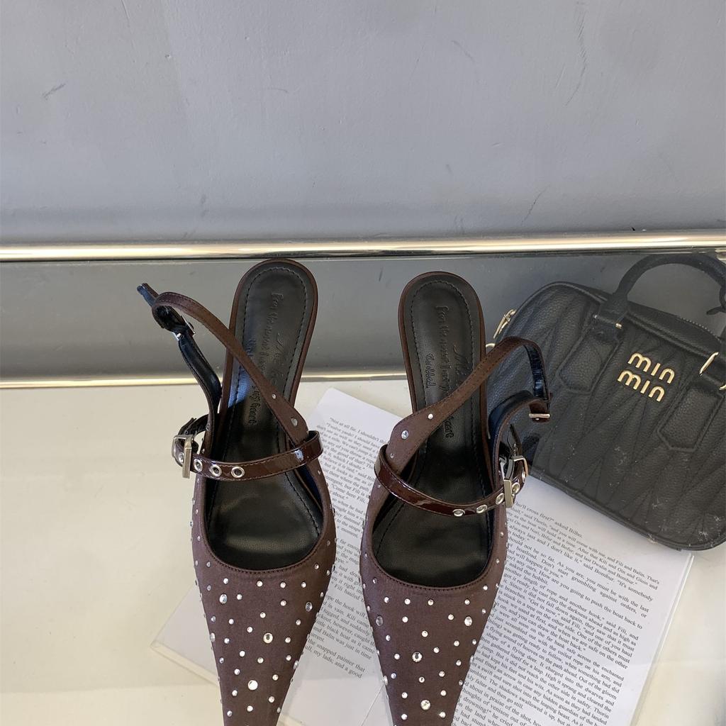French temperament pointed satin belt buckle Mary Jane sandals women's spring 2025 baotou rhinestone high-heeled shoes