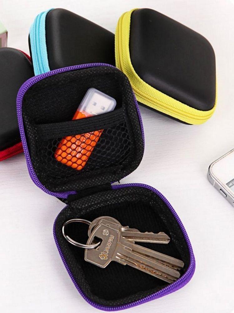 1ks Pouzdro na sluchátka na zip Kožená krabička na sluchátka Přenosný cestovní organizér USB kabel Pevná taška na paměťovou kartu na mince