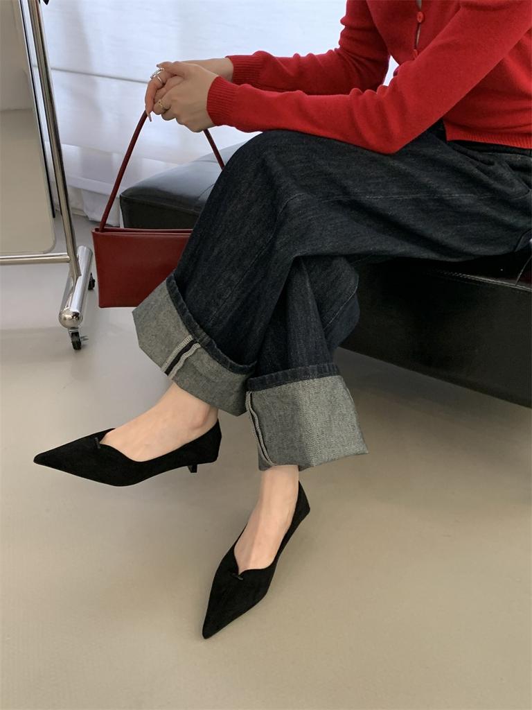 2025 New Pointed Suede Cat Heel High Heels Women's Thin Heel Shallow Mouth Single Shoes Autumn Versatile Professional Work Shoes