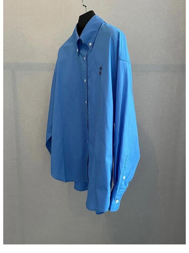 Nanyou Unisex Blue MM Letter Embroidery Long-Sleeve Shirt
