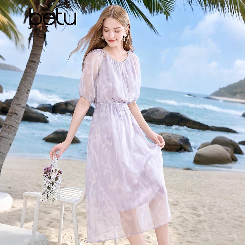 Women s Puff Sleeve Floral Print Chiffon Dress M