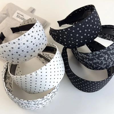 Retro Black White Polka Dots Small Flower Wide Edge Headbands Woman Temperament Hair Band Female Party Hair Hoop Vogue Headdress