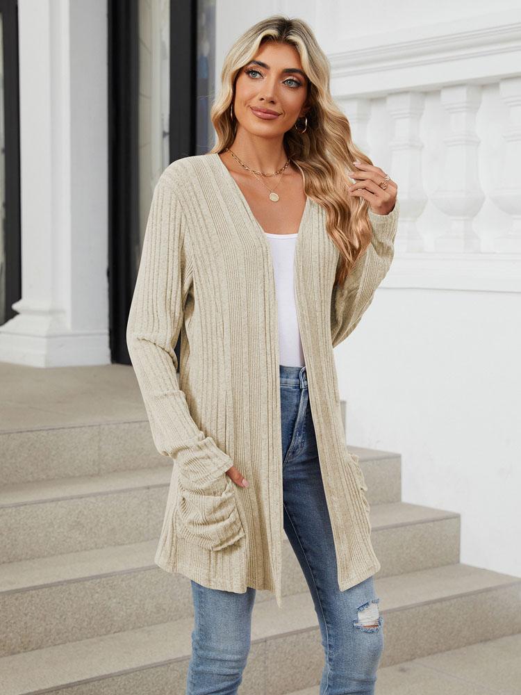 Autumn and Winter New Pit Stripes Long-sleeved Pockets Casual Solid Color Cardigan Jacket Long Cardigan Women Tops Kawaii Sweater
