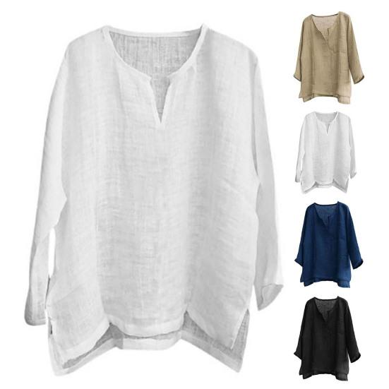 Men Shirt Loose Pullover V Neck Vintage Solid Color Keep Trendy Chinese Style Plus Size Mid Length Men Top for Daily Wear