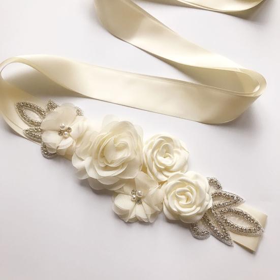 Rose Flower Faux Pearl Rhinestone Women Bride Dress Belt Girdle Waist Band Decor