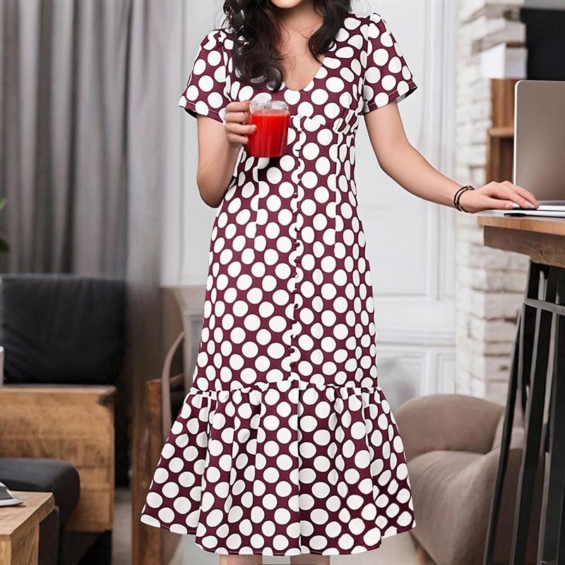 

ZANZEA Женское повседневное летнее платье с коротким рукавом и принтом в горошек, с подолом «рыбий хвост» 4XL вино красного