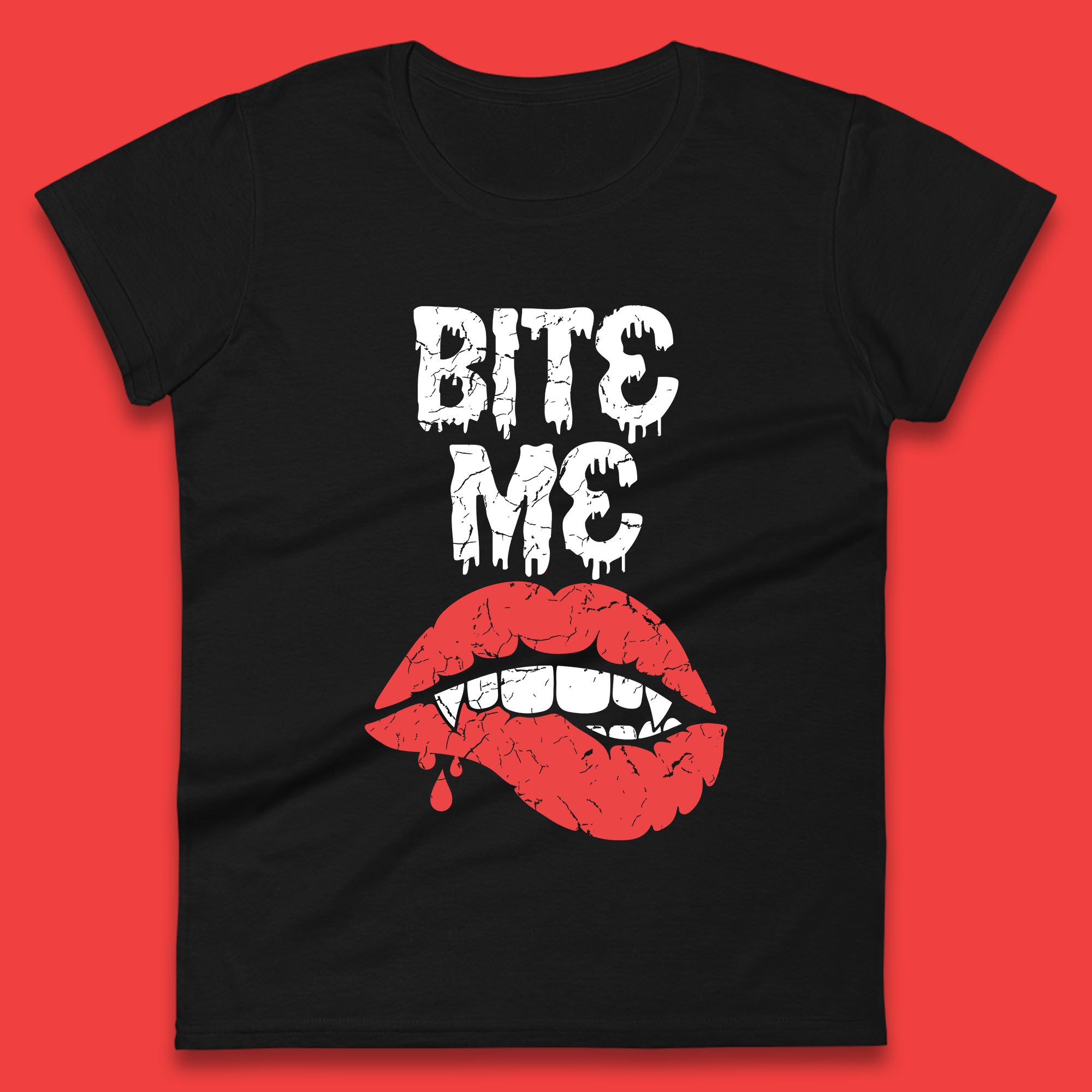 Bite Me Vampire Fangs Halloween Horror Lips Halloween Spooky Party Costume Womens Tee T Shirt Mens Tops Unisex Top L