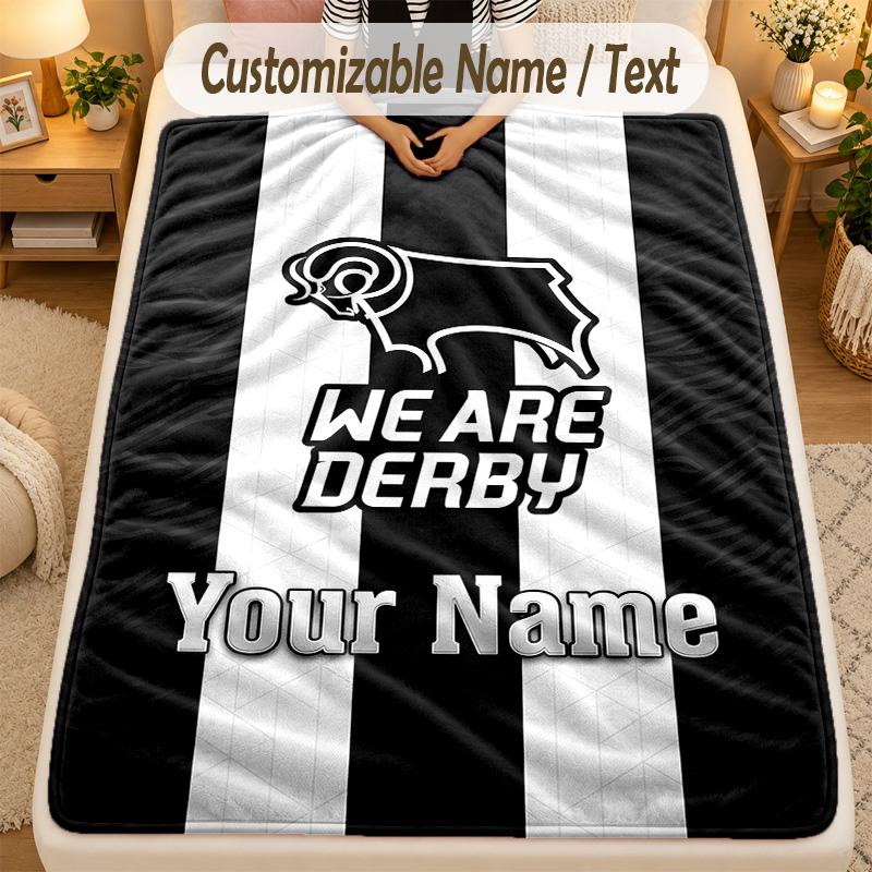 Flannel BlanketDerby County Custom Name Text Personalized Soft Warm Throw Blanket Home Decor Gift