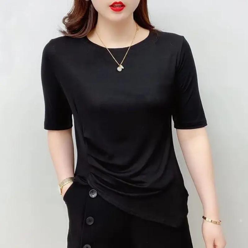 Summer Irregular Short-sleeved T-shirt Women New Stylish Split Design Plus-size Elegant Top Slim-fit Blouse