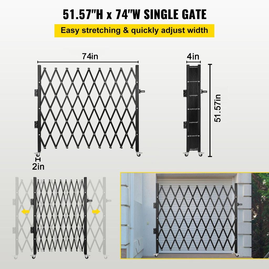 Single Folding Security Gate, 48" H X 71" W Folding Door Gate, Steel Accordion Security Gate, Flexible Expanding Security Gate, 360° Rolling Barricade