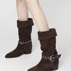Fashion Women's 2025 New Fashion Mid-leg Boots Long-leg Knight Boots Block Heel Pointed Toe Cowhide Western Pile Boots