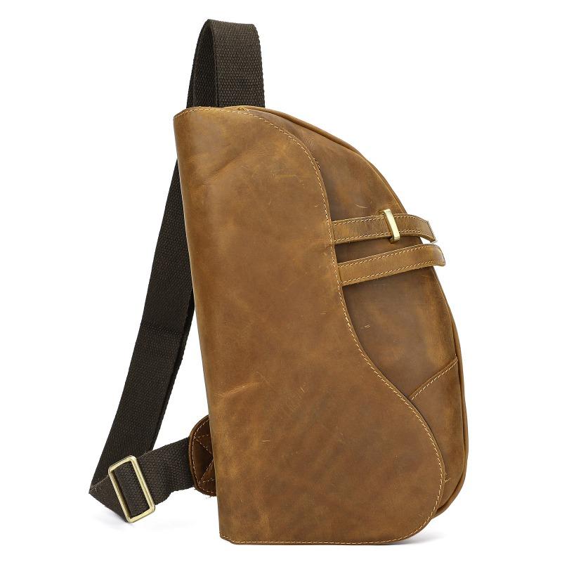 Men's Chest Bag, Retro Crazy Horse Leather, High-end Small Crossbody Bag, Clasp Design, Fashionable Single-shoulder Bag