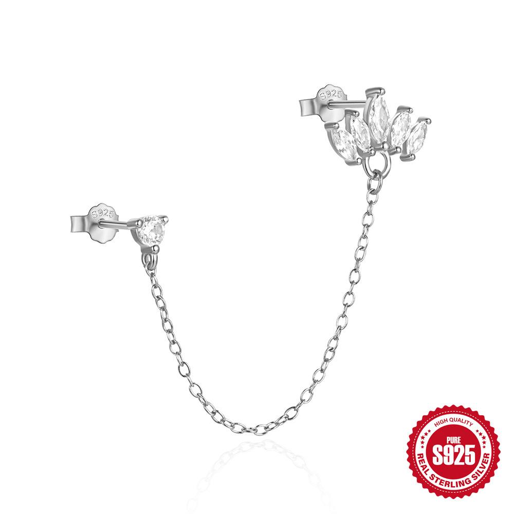 Fashion S925 Sterling Silver Double Stud Earrings Pearl Chain Fringed Thin Earrings Earrings