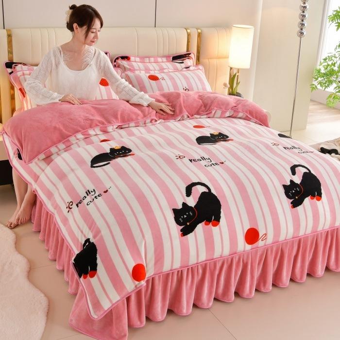 Thickened Milk Fleece Four-Piece Coral Fleece Quilt Cover, Bed Sheet Fleece Double-Sided Fleece Flannel Bedding, Bed Skirt