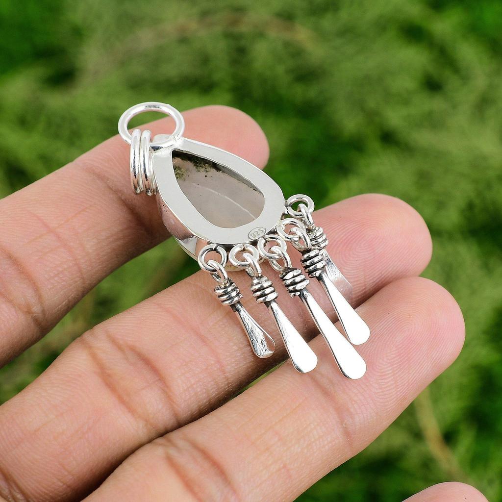 Daughters Day Sale 925 Sterling Silver Plume Agate Stone Engagement Wife Pendant